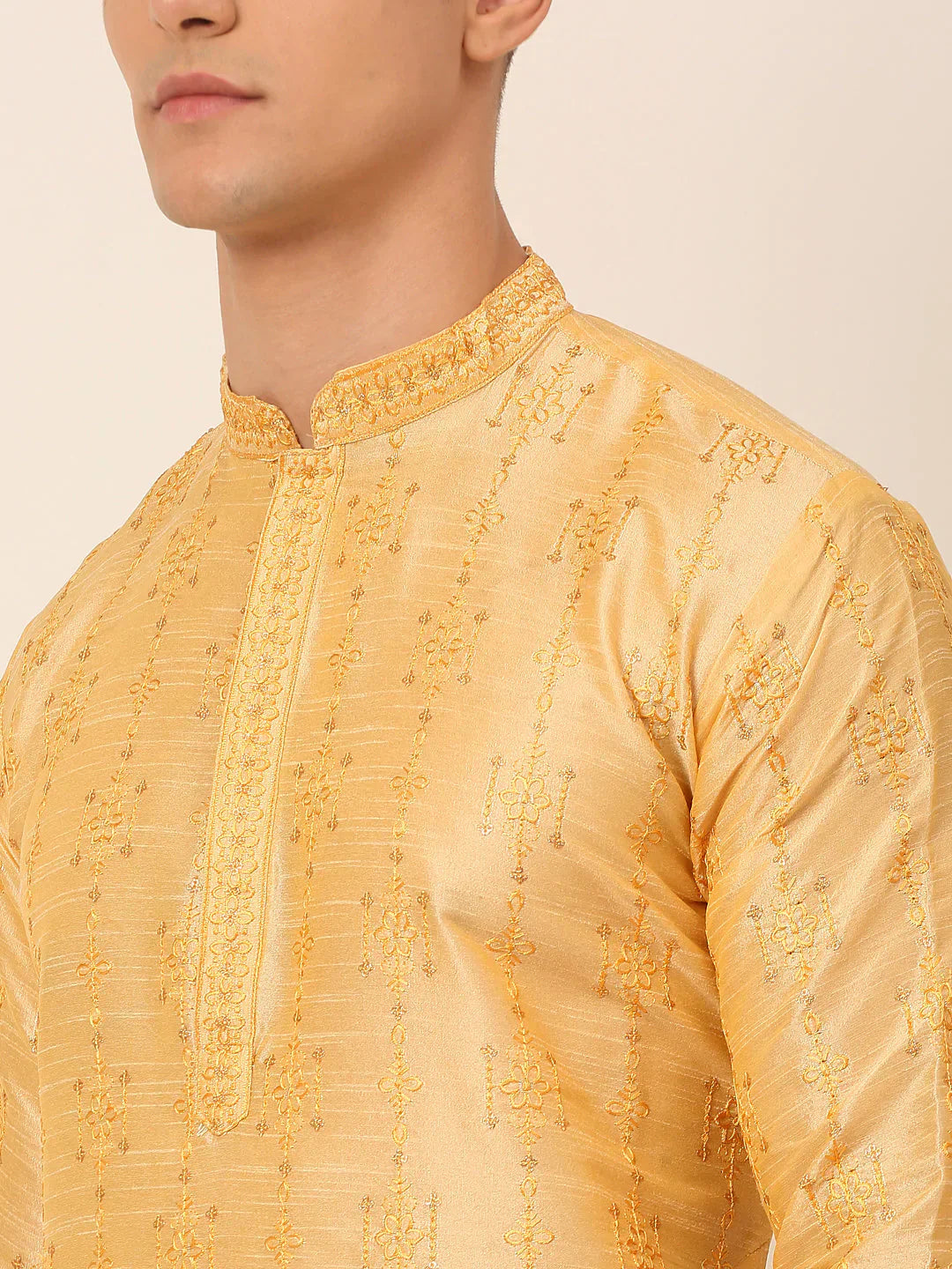 Jompers Men's Silk Blend Collar Embroidered Kurta Pyjama Set - Golden