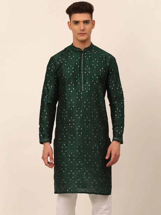 Jompers Men's Silk Blend Collar Embroidered Kurta Only - Green