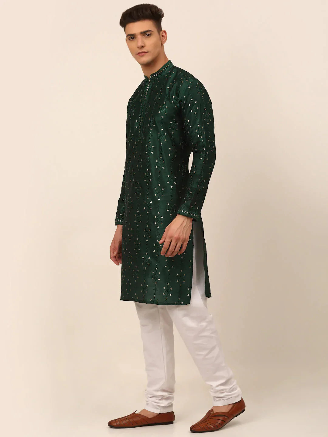 Jompers Men's Silk Blend Collar Embroidered Kurta Pyjama Set - Green