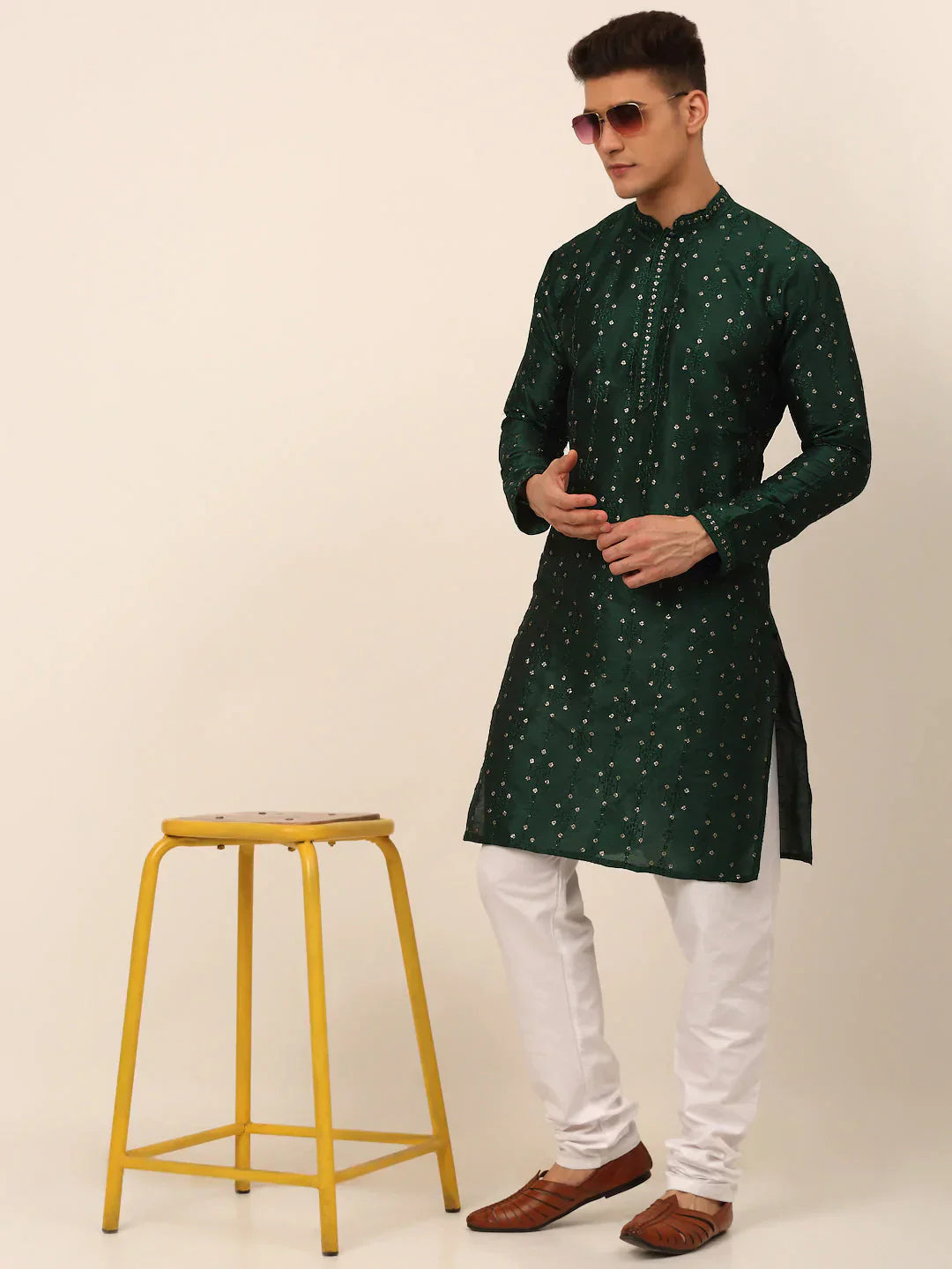 Jompers Men's Silk Blend Collar Embroidered Kurta Pyjama Set - Green