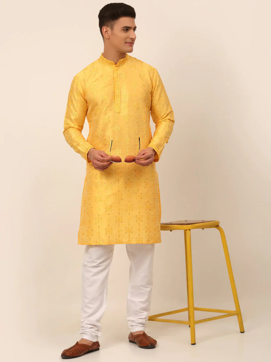 Jompers Men's Silk Blend Collar Embroidered Kurta Pyjama Set - Yellow