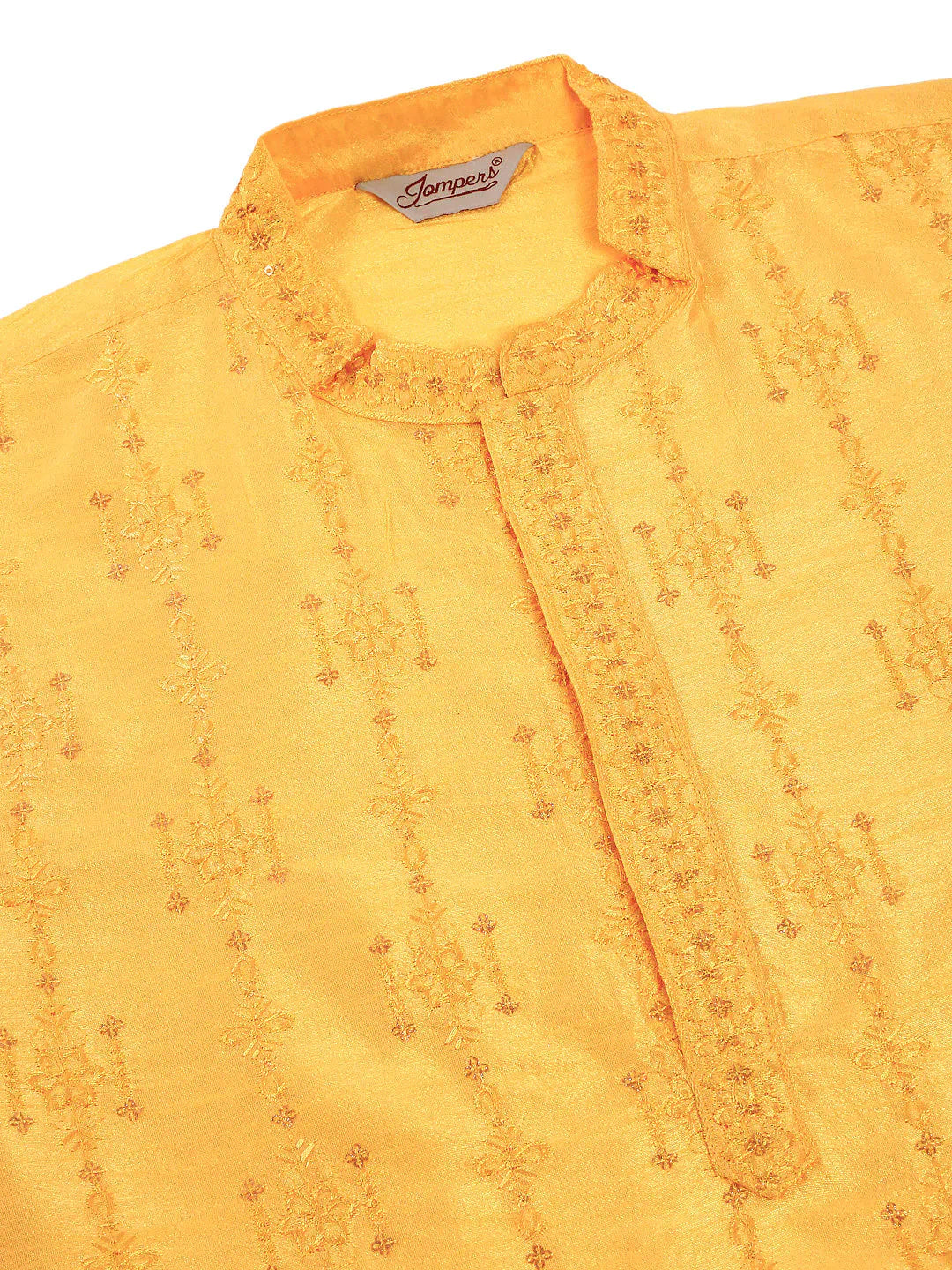 Jompers Men's Silk Blend Collar Embroidered Kurta Pyjama Set - Yellow