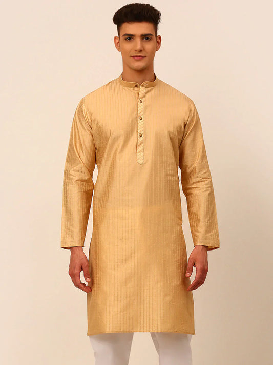 Jompers Men's Beige Striped Pleated Chikankari Kurta Only