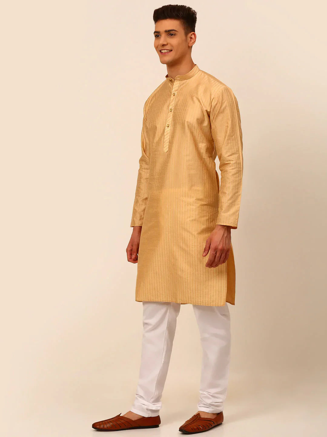 Jompers Men's Beige Striped Pleated Chikankari Kurta pyjama Set