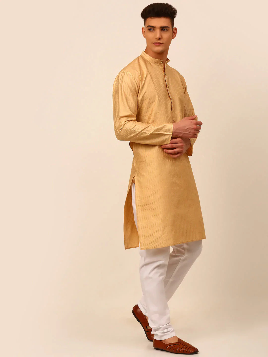 Jompers Men's Beige Striped Pleated Chikankari Kurta pyjama Set