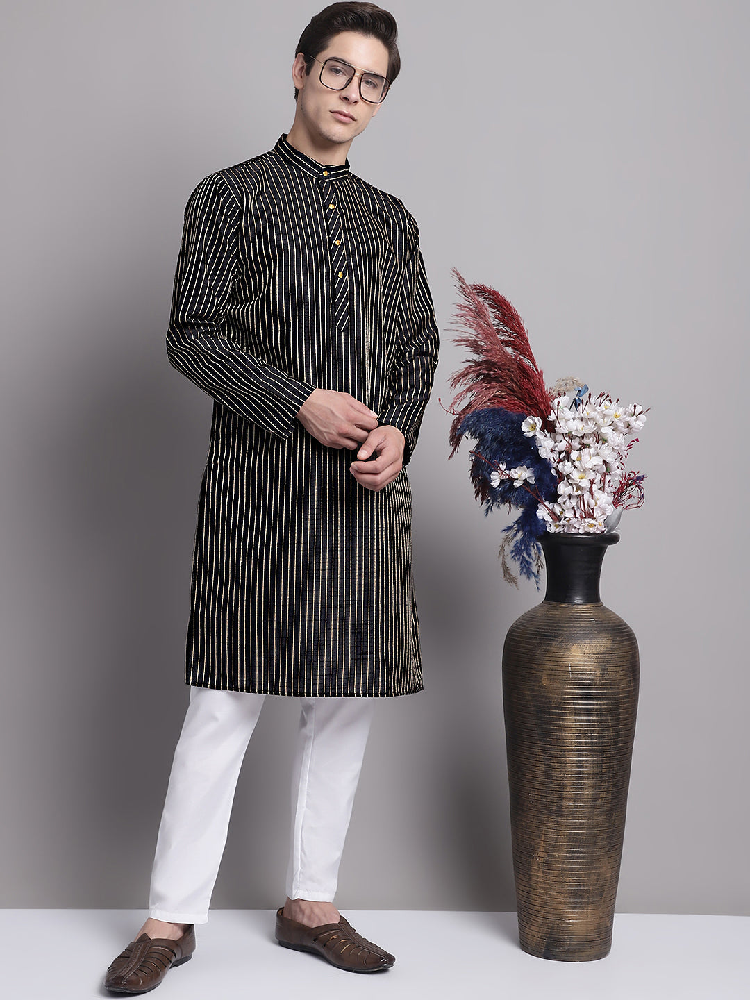 Jompers Men's Black Embroidered Design Kurta with Pyjamas