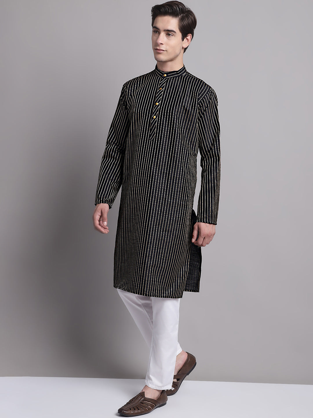 Jompers Men's Black Embroidered Design Kurta with Pyjamas