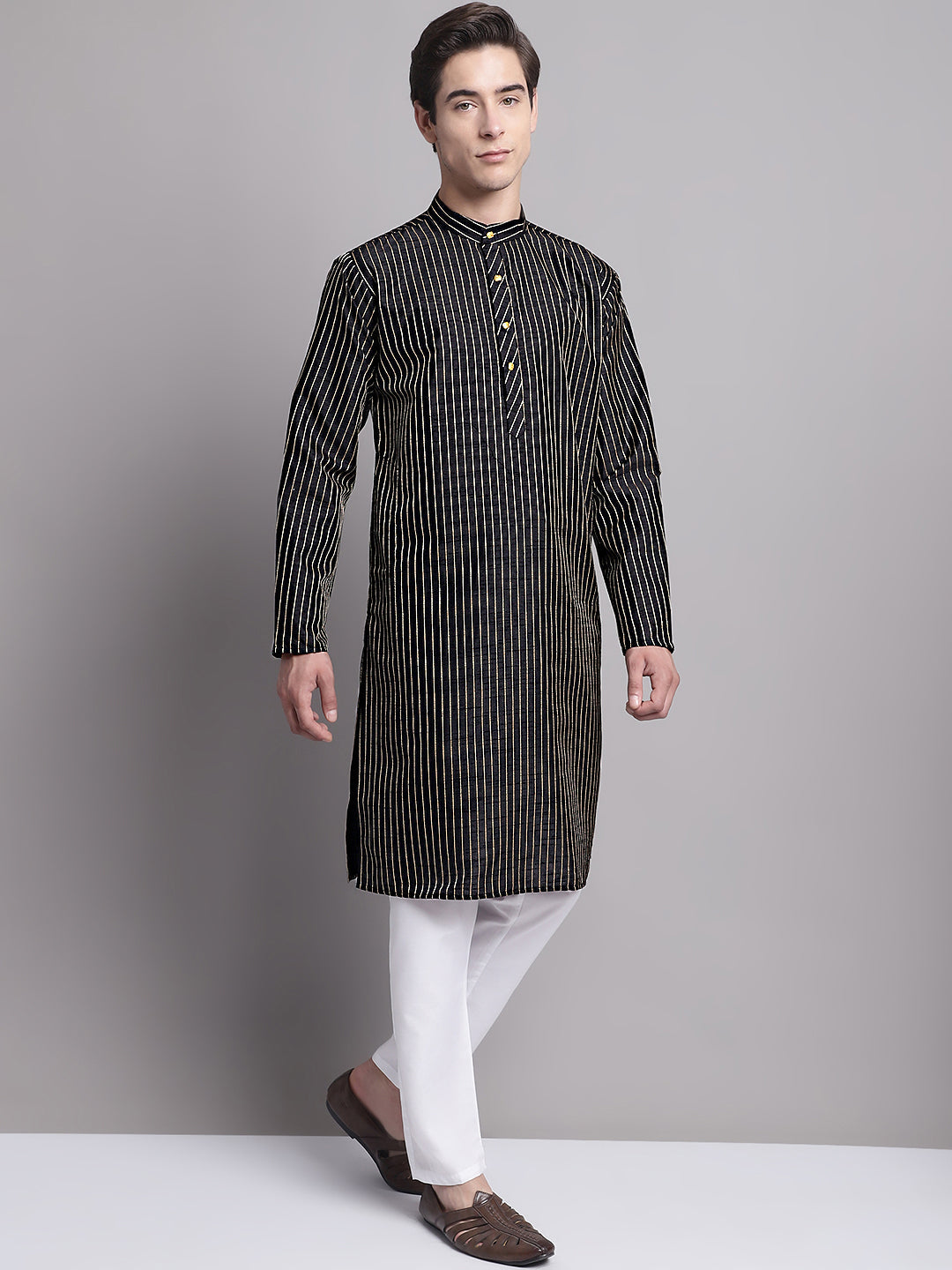 Jompers Men's Black Embroidered Design Kurta with Pyjamas