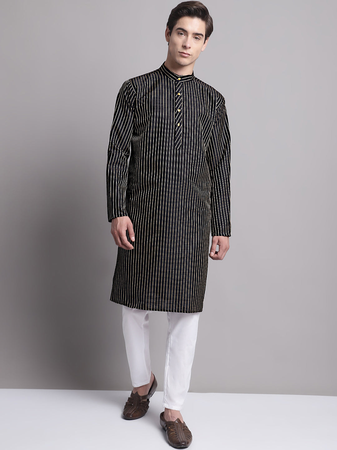Jompers Men's Black Embroidered Design Kurta with Pyjamas