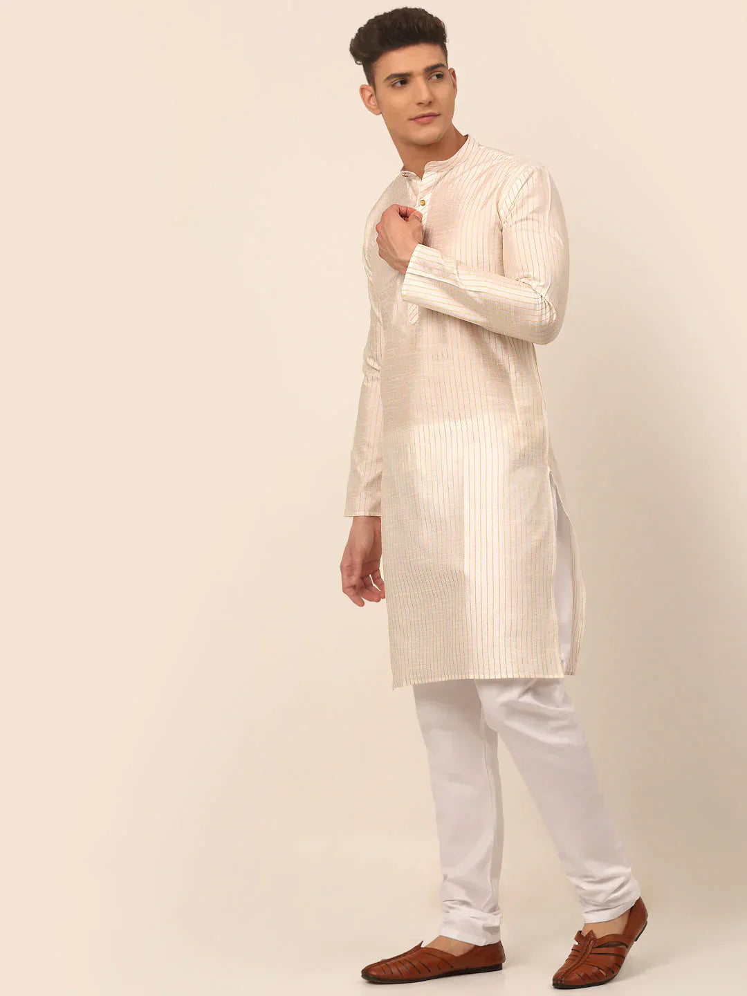 Jompers Men's Cream Striped Pleated Chikankari Kurta pyjama Set