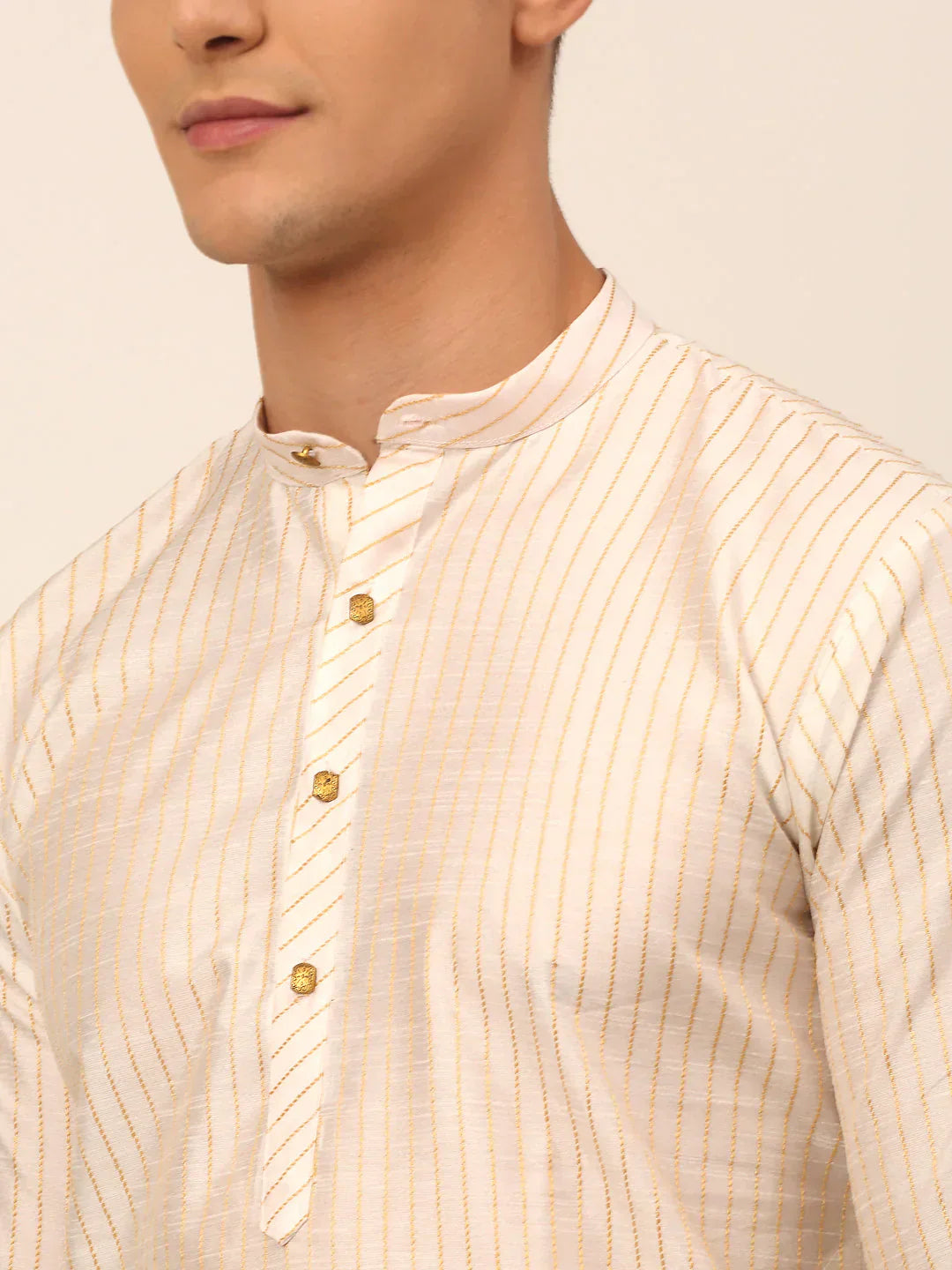 Jompers Men's Cream Striped Pleated Chikankari Kurta pyjama Set