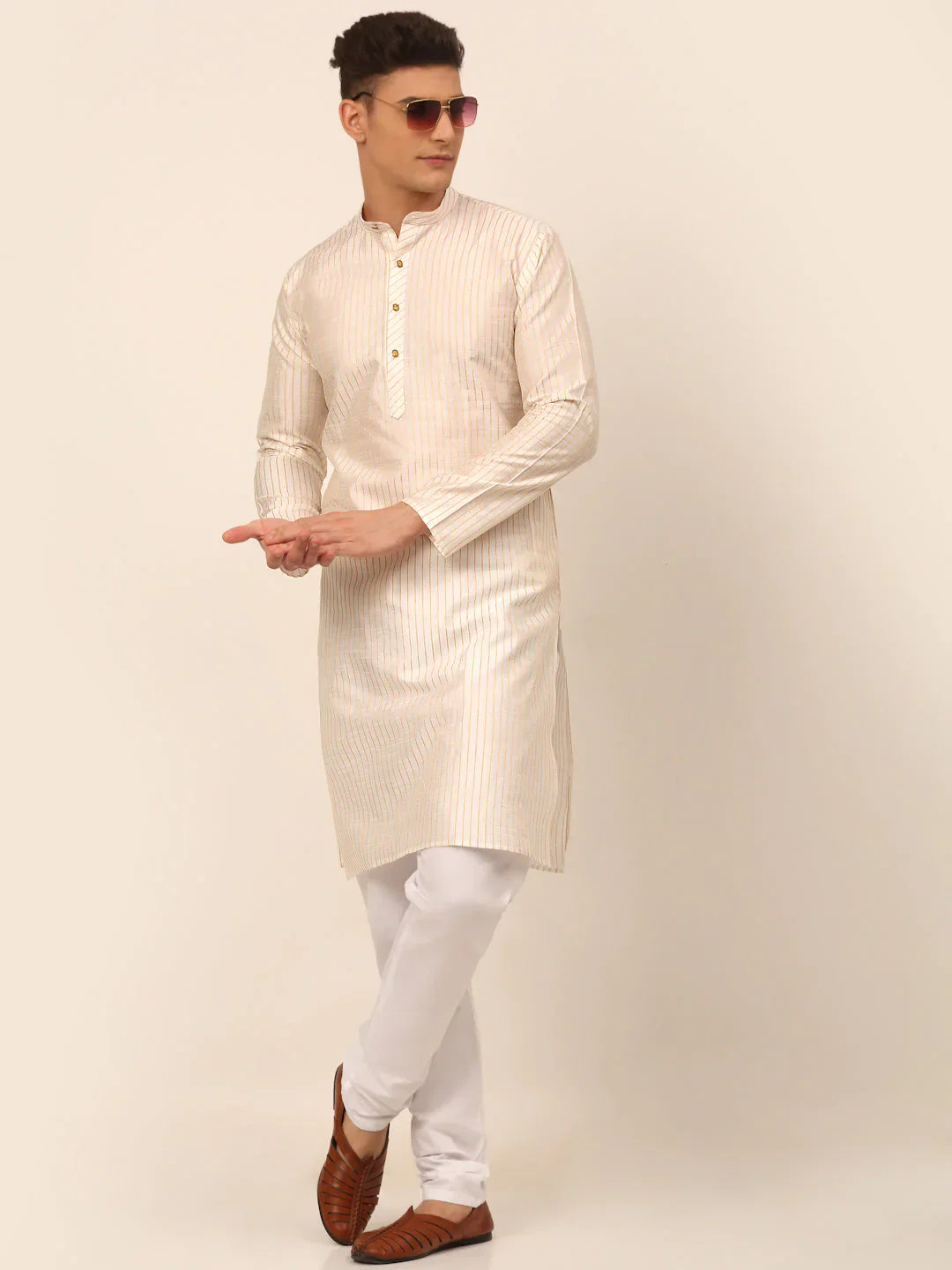 Jompers Men's Cream Striped Pleated Chikankari Kurta pyjama Set