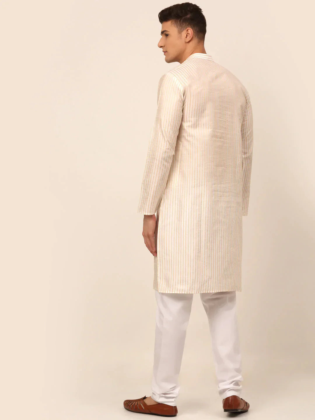 Jompers Men's Cream Striped Pleated Chikankari Kurta pyjama Set