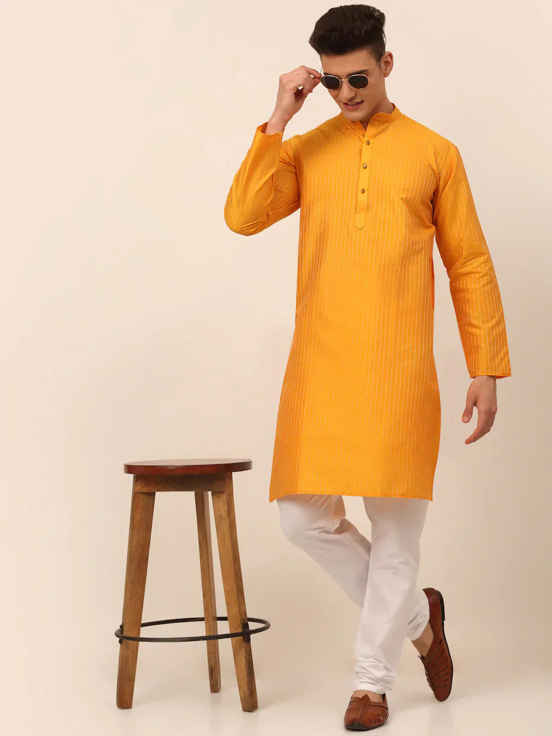 Jompers Men's Mustard Striped Pleated Chikankari Kurta pyjama Set