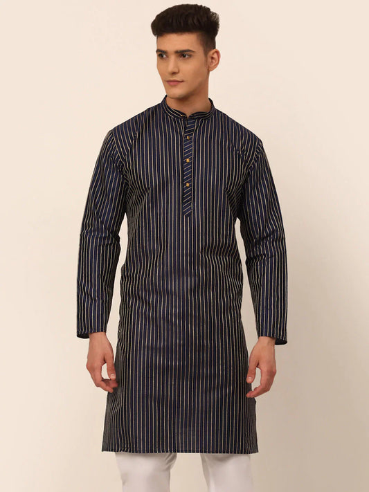 Jompers Men's Navy Blue Striped Pleated Chikankari Kurta Only
