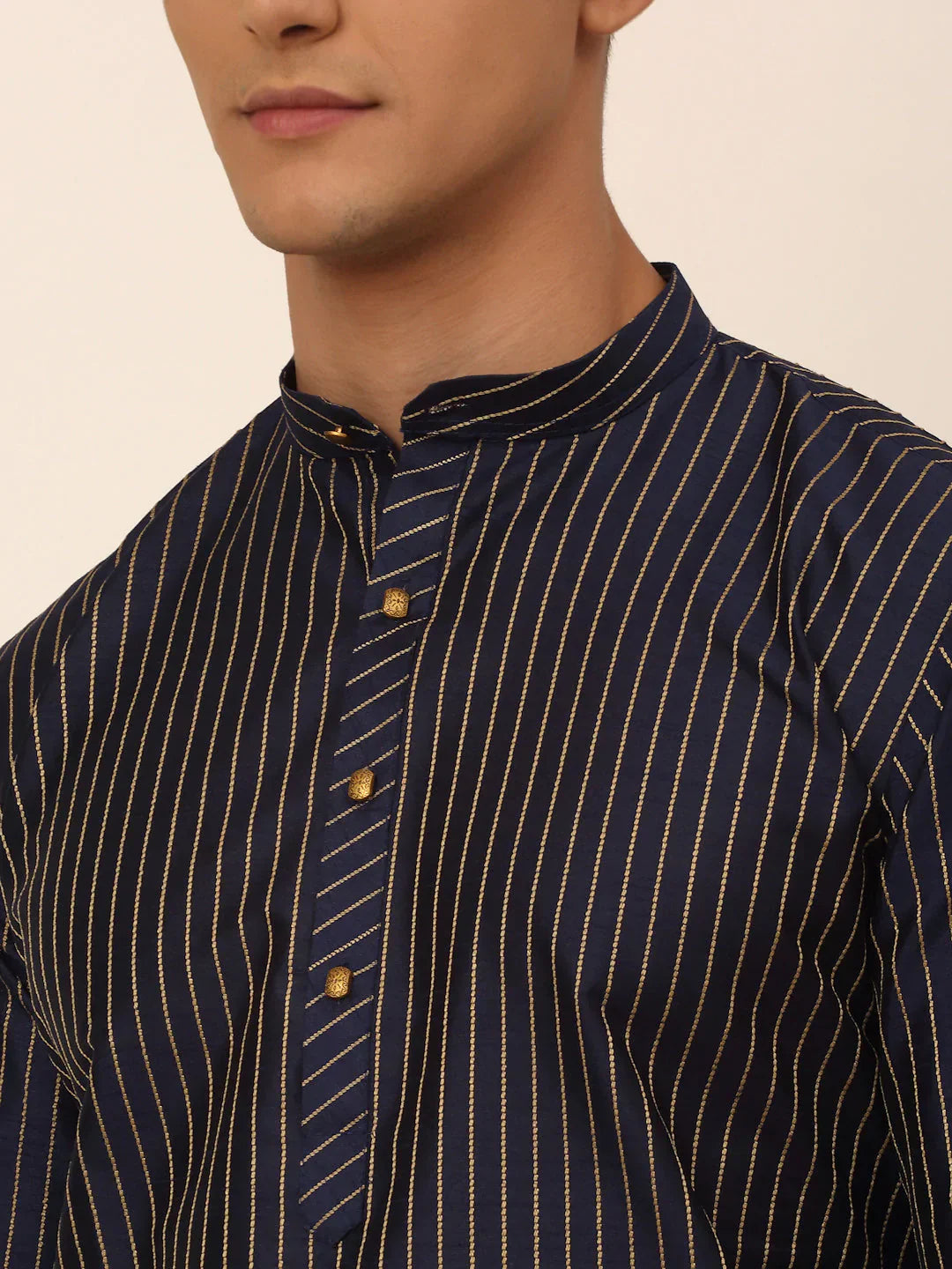 Jompers Men's Navy Blue Striped Pleated Chikankari Kurta pyjama Set