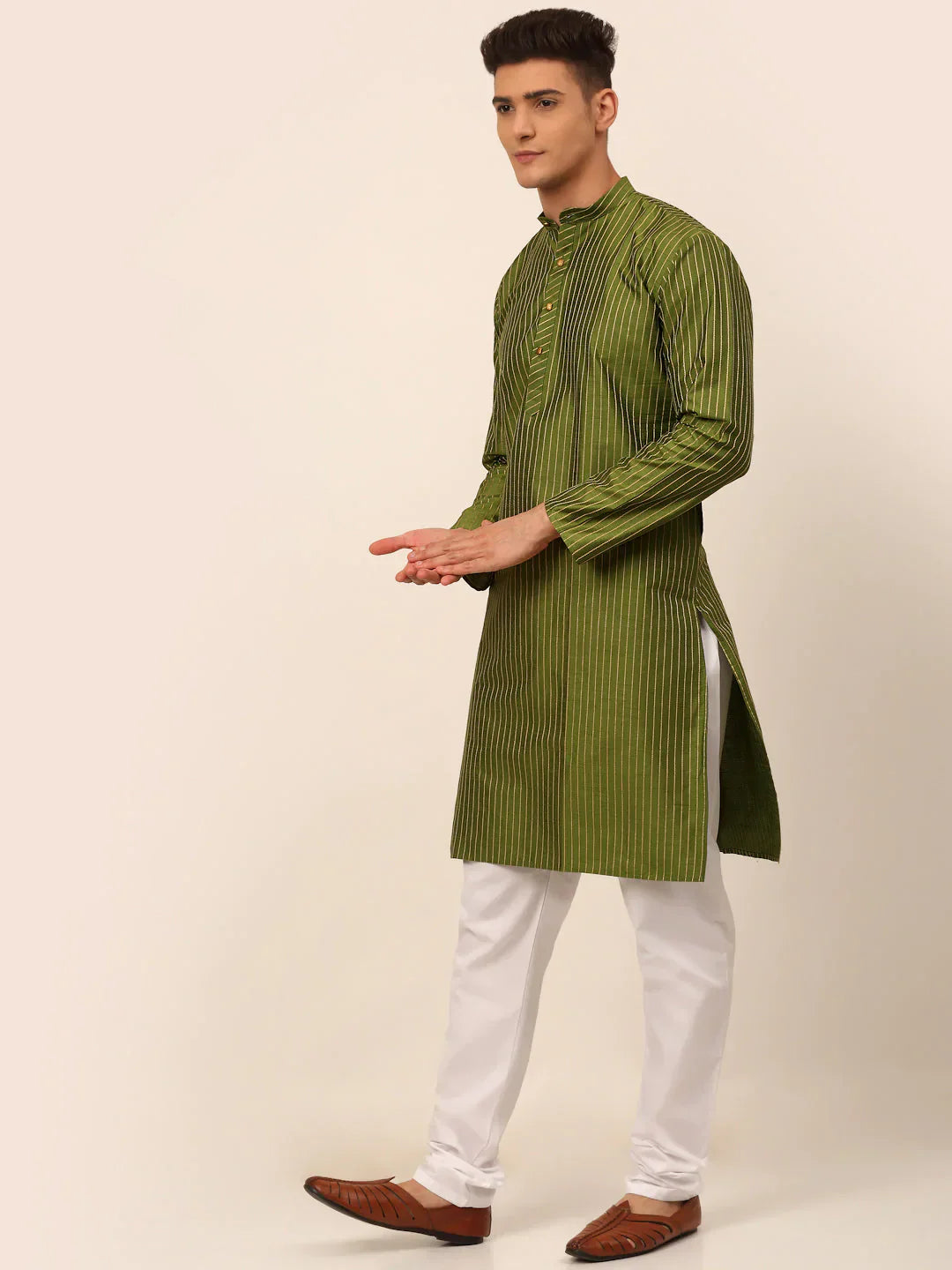 Jompers Men's Olive Green Striped Pleated Chikankari Kurta pyjama Set
