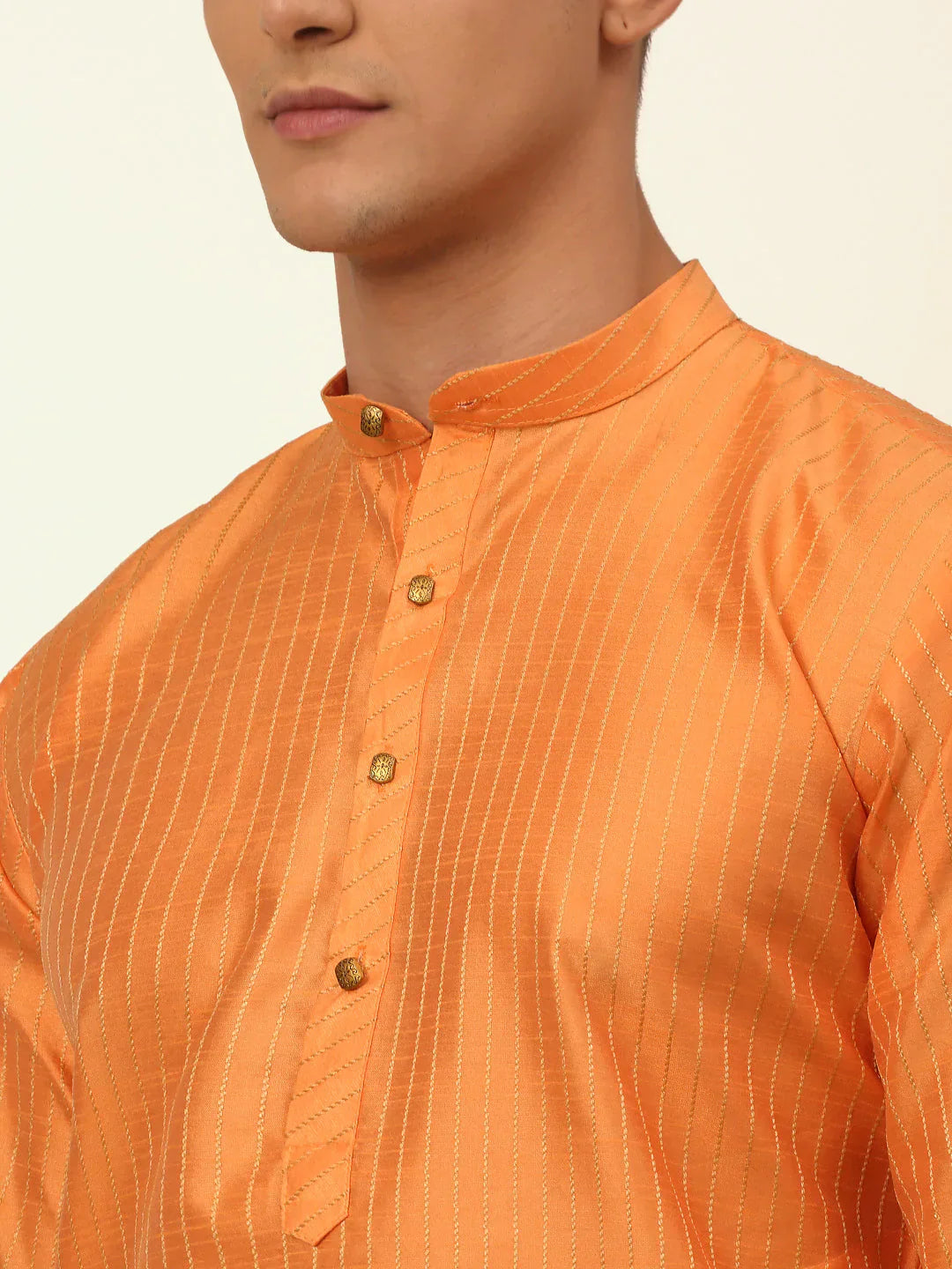 Jompers Men's Peach Striped Pleated Chikankari Kurta pyjama Set