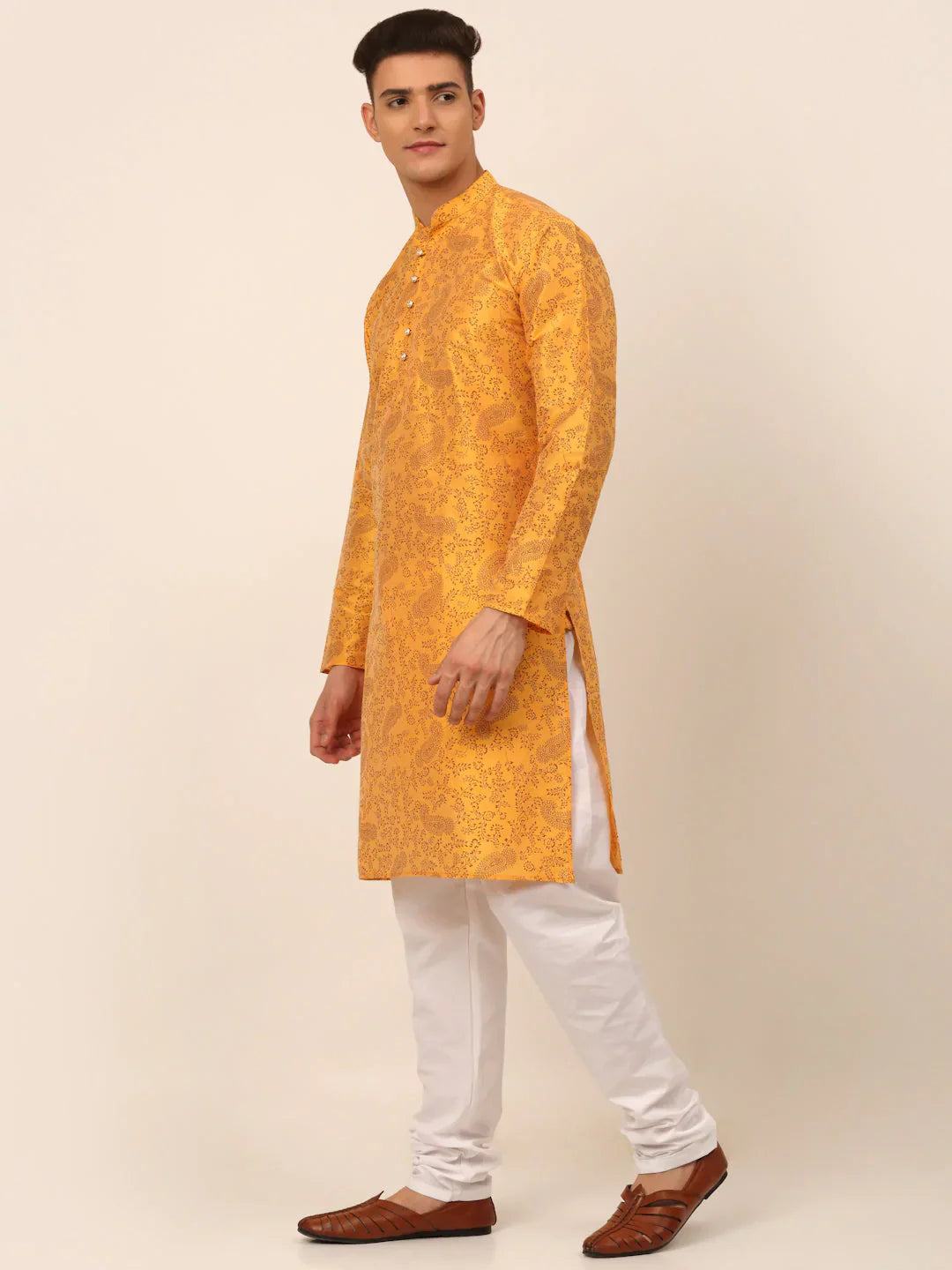 Jompers Men's Mustard Paisley Printed Kurta with Pyjama