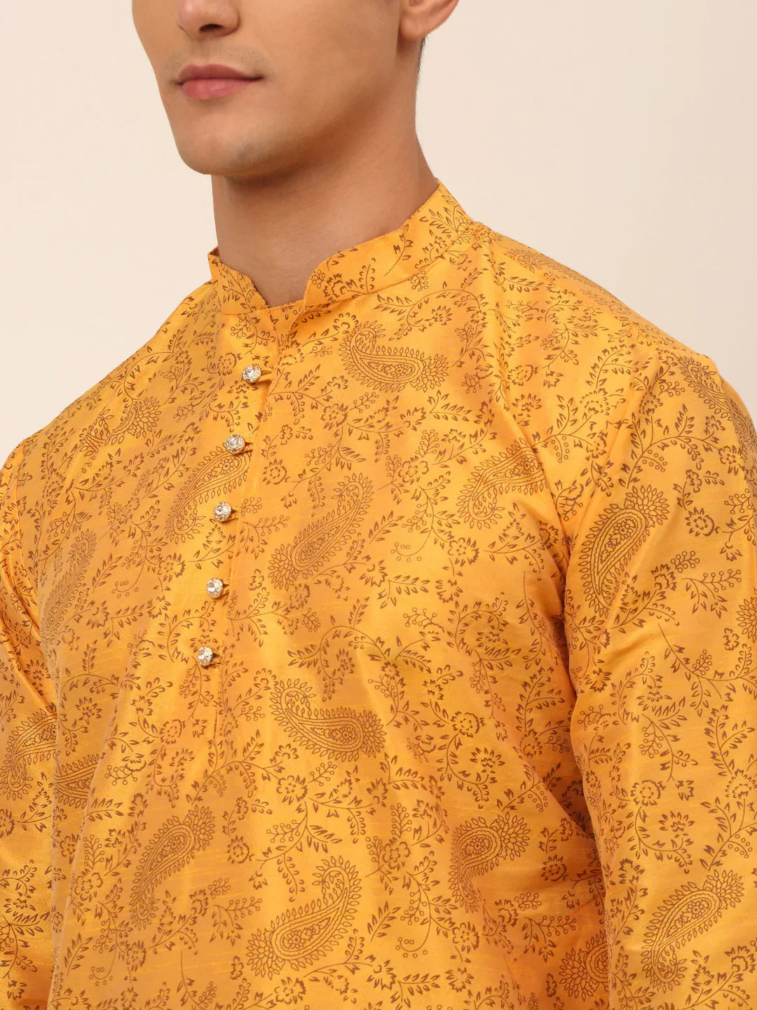 Jompers Men's Mustard Paisley Printed Kurta with Pyjama