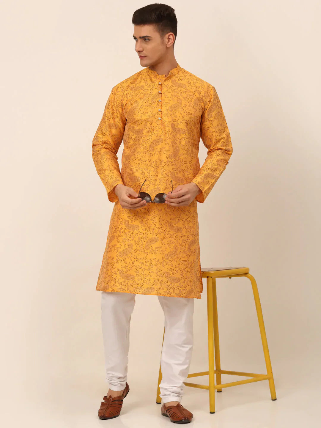Jompers Men's Mustard Paisley Printed Kurta with Pyjama