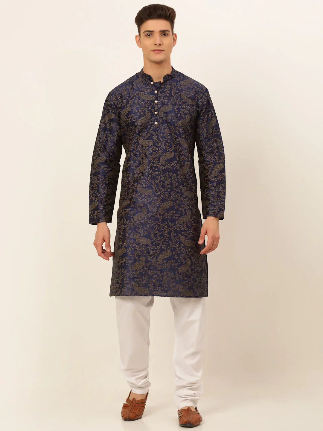 Jompers Men's Navy Blue Paisley Printed Kurta with Pyjama