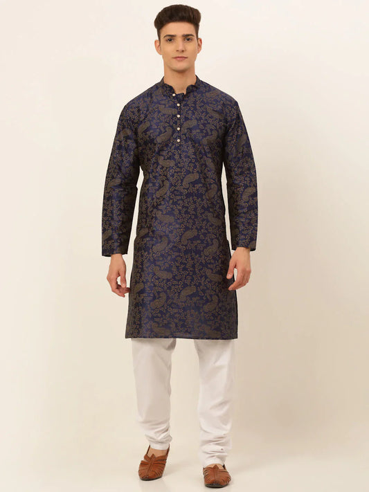 Jompers Men's Navy Blue Paisley Printed Kurta with Pyjama