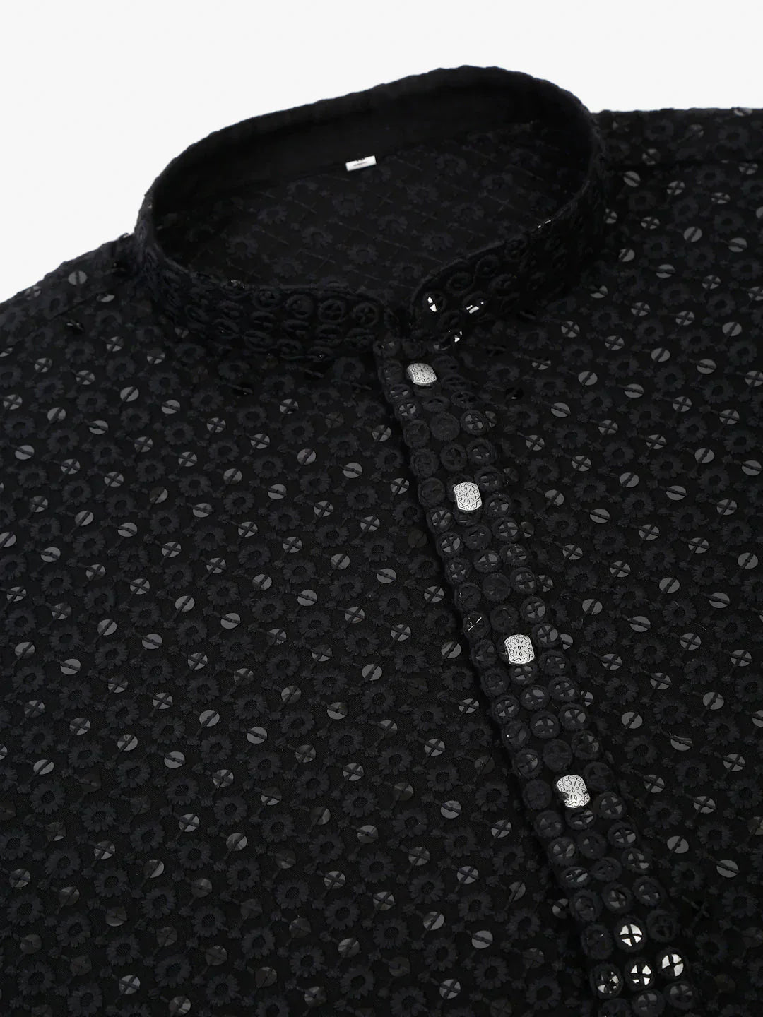 Jompers Men's Black Chikankari Embroidered and Sequence Kurta with Churidar