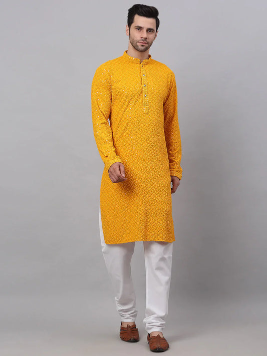 Jompers Men's Mustard Chikankari Embroidered and Sequence Kurta with Churidar