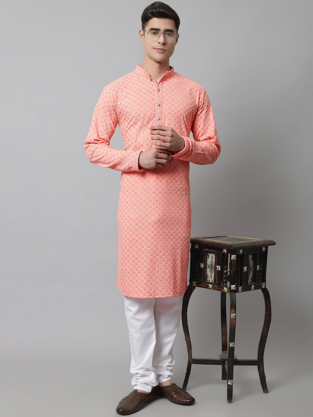 Jompers Men's Peach Chikankari Embroidered and Sequence Kurta with Churidar