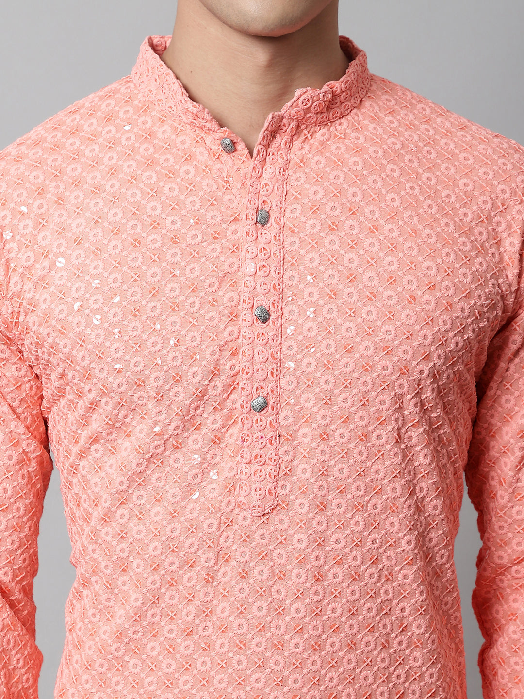 Jompers Men's Peach Chikankari Embroidered and Sequence Kurta with Churidar