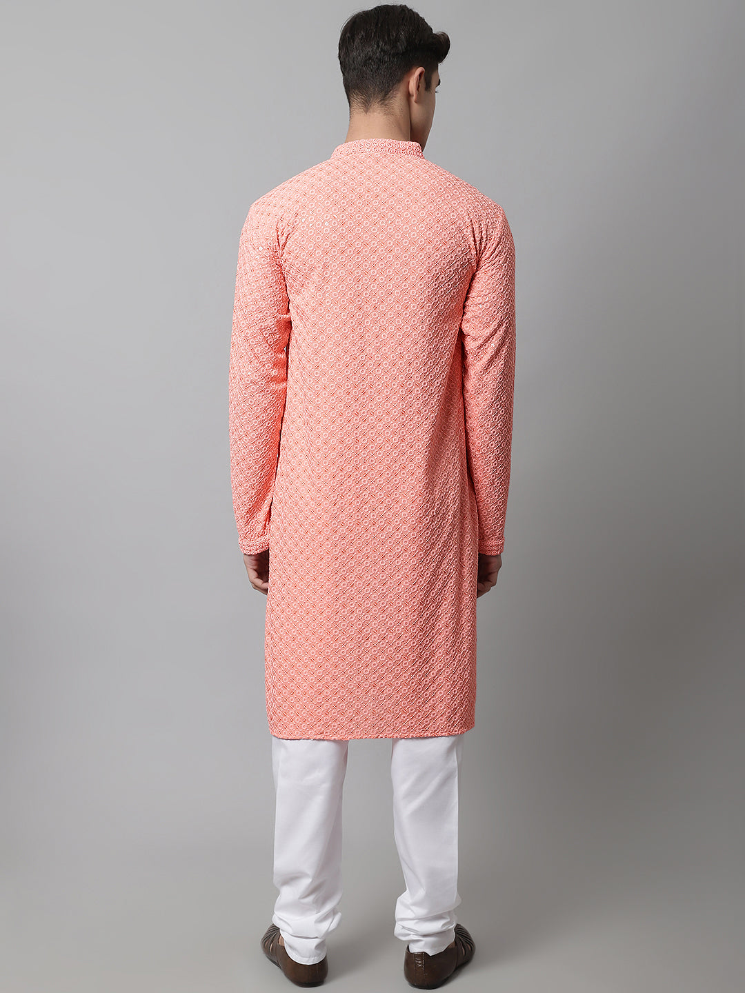 Jompers Men's Peach Chikankari Embroidered and Sequence Kurta with Churidar