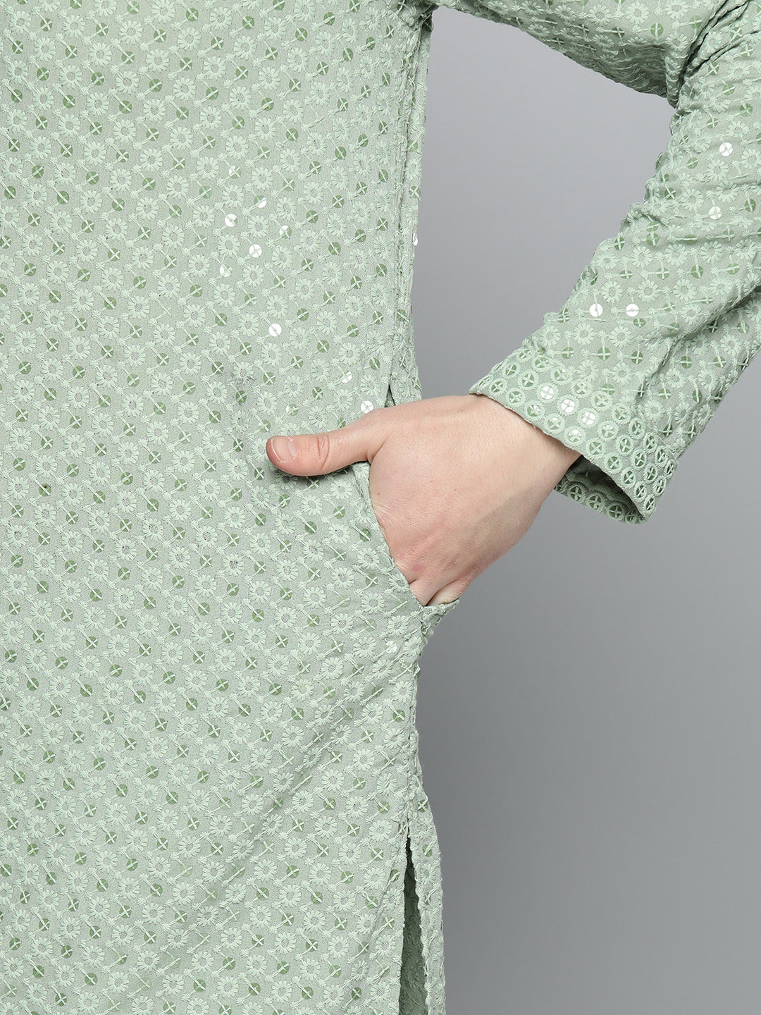 Jompers Men's Green Chikankari Embroidered and Sequence Kurta with Churidar