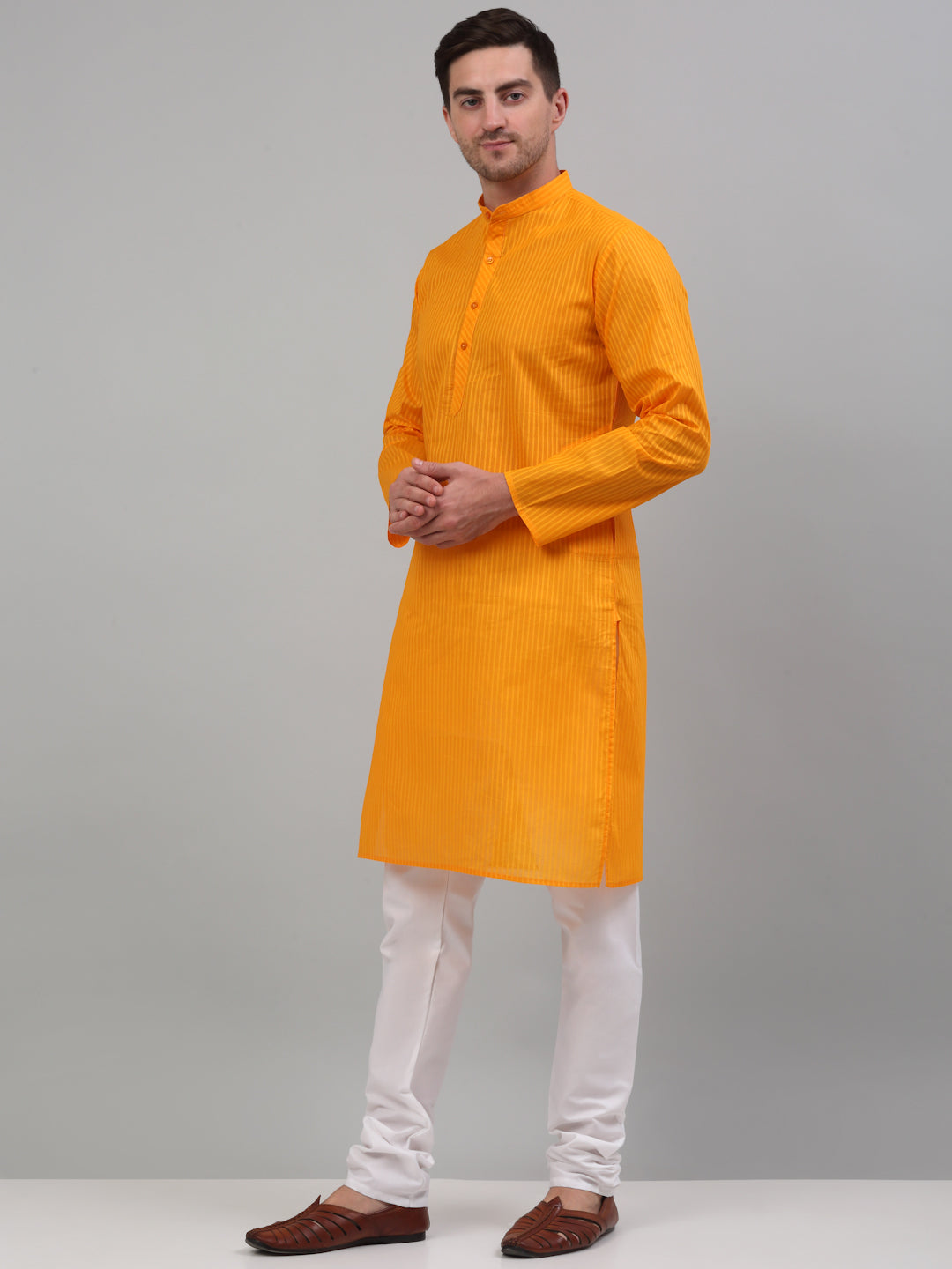 Jompers Men's Mustard Cotton Striped Kurta Payjama Sets