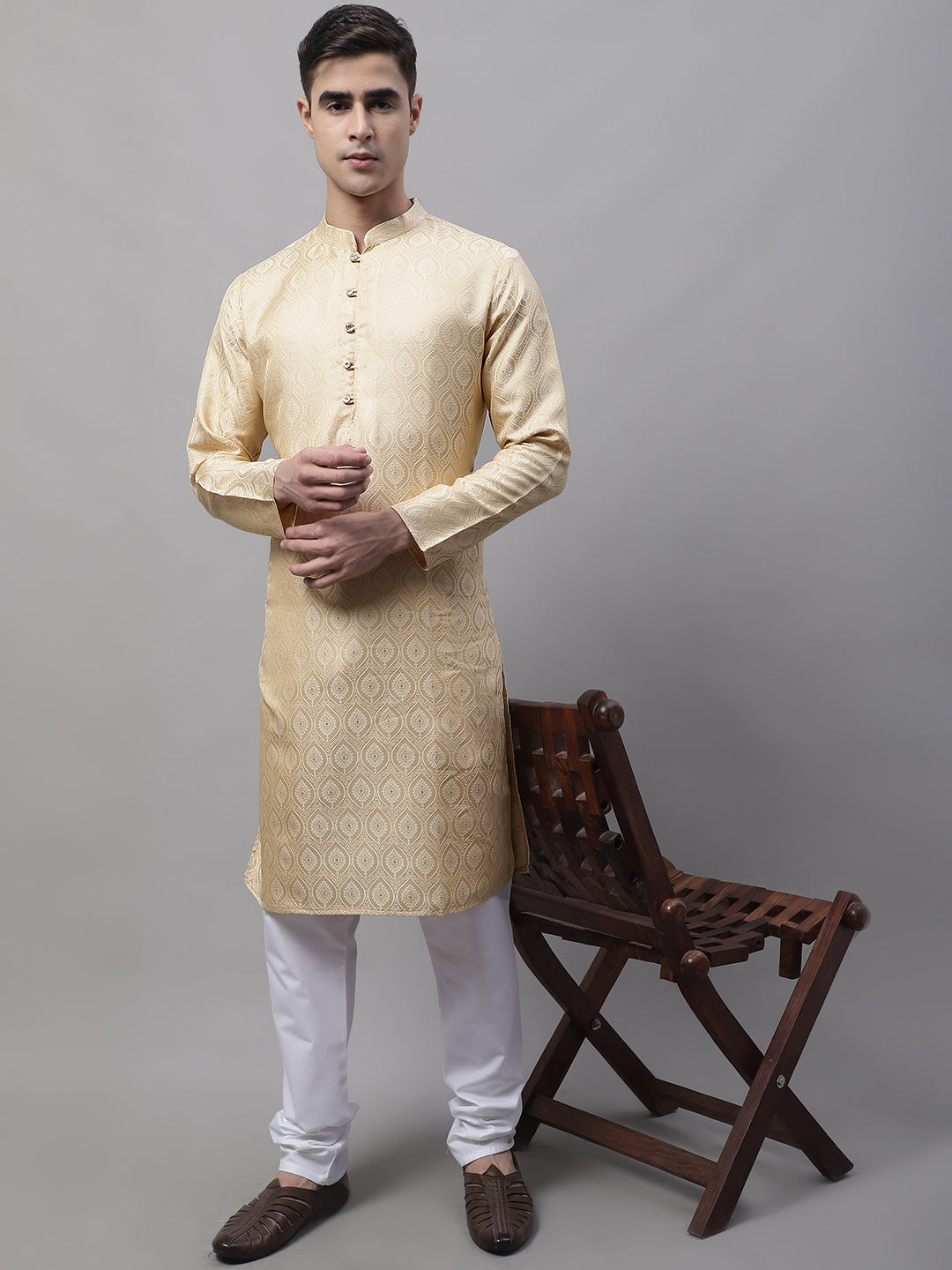 Jompers Men's Ethnic Beige Woven Design Kurta with Pyjamas