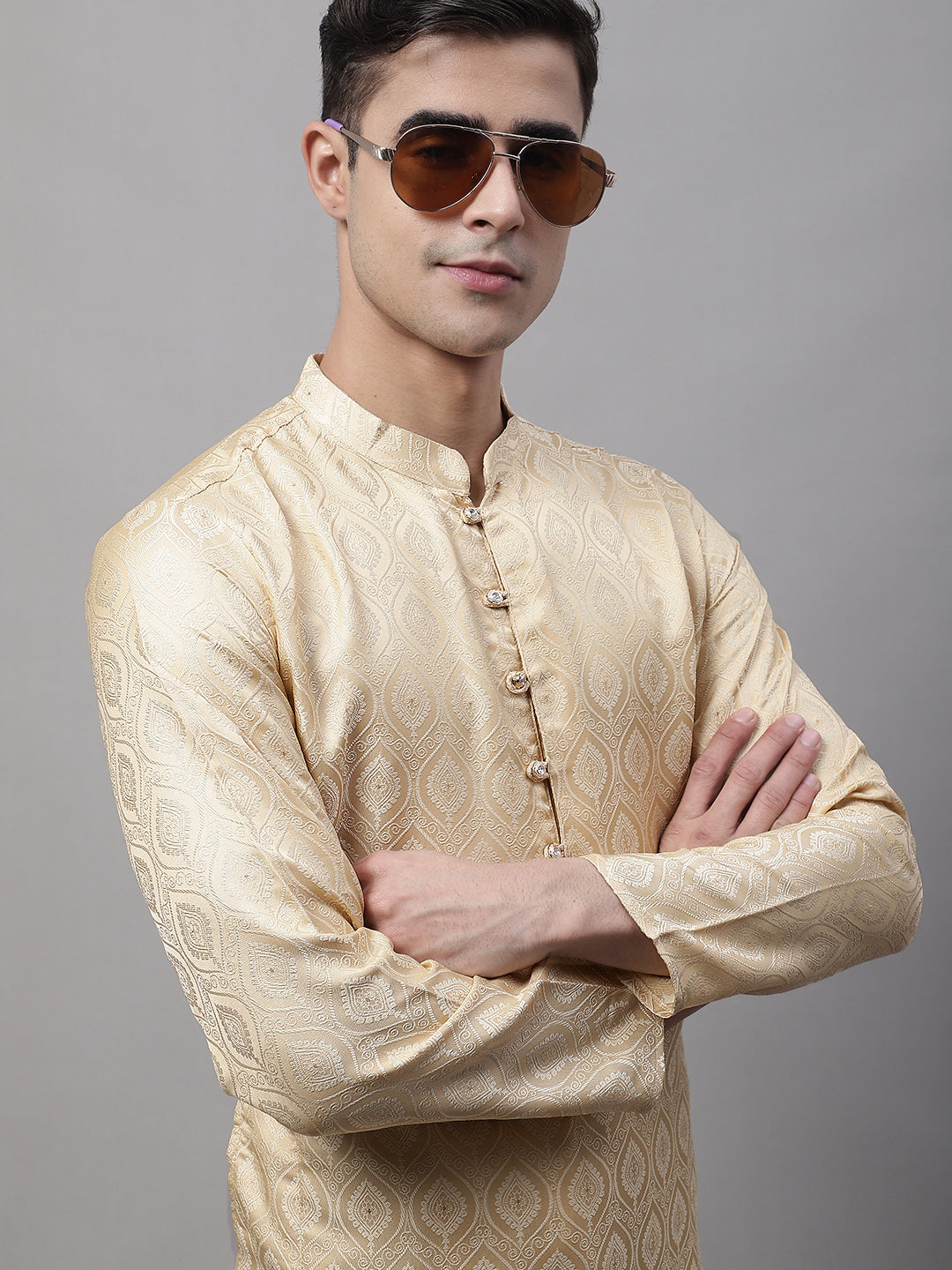 Jompers Men's Ethnic Beige Woven Design Kurta with Pyjamas