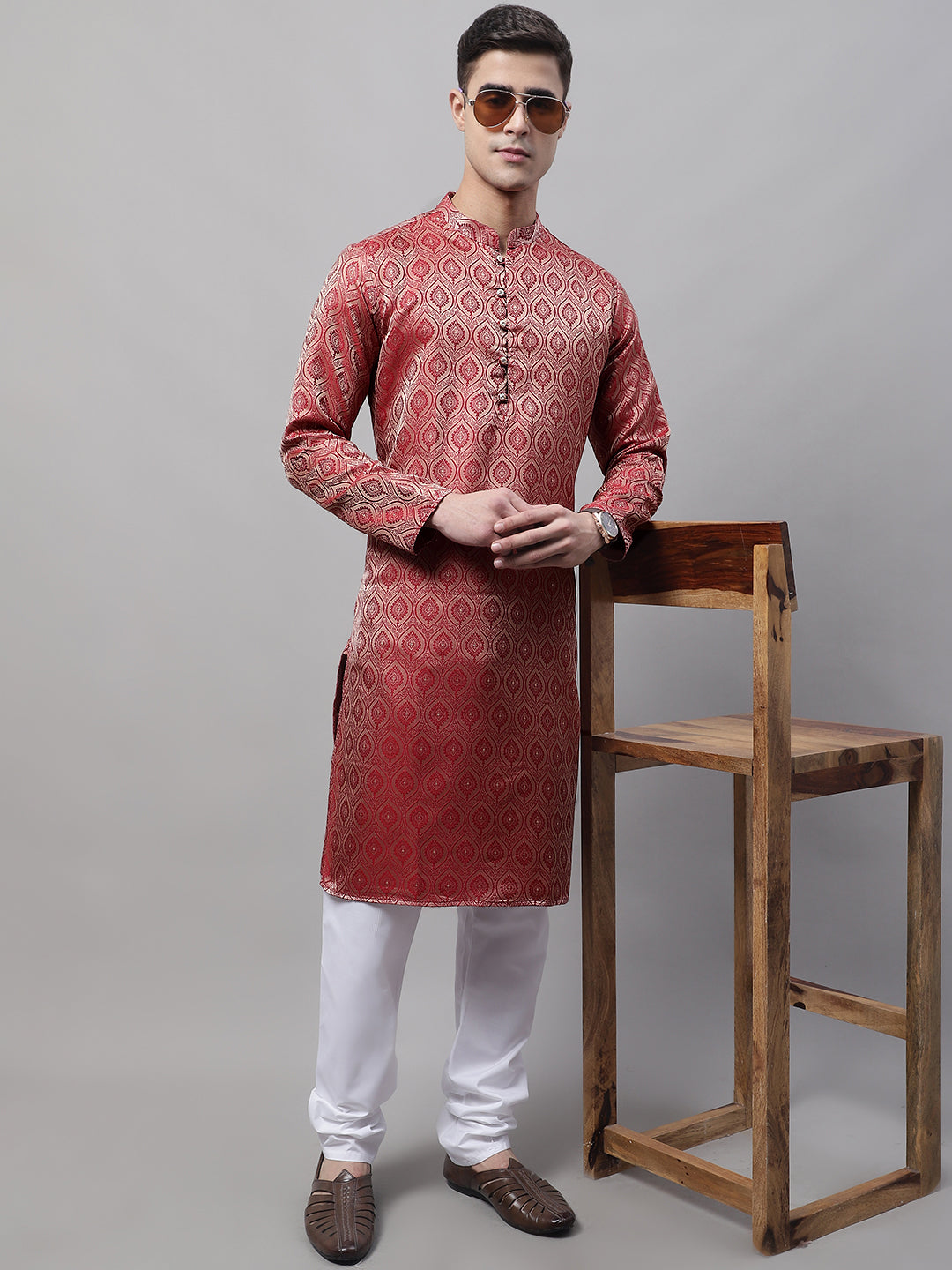 Jompers Men's Ethnic Maroon Woven Design Kurta with Pyjamas