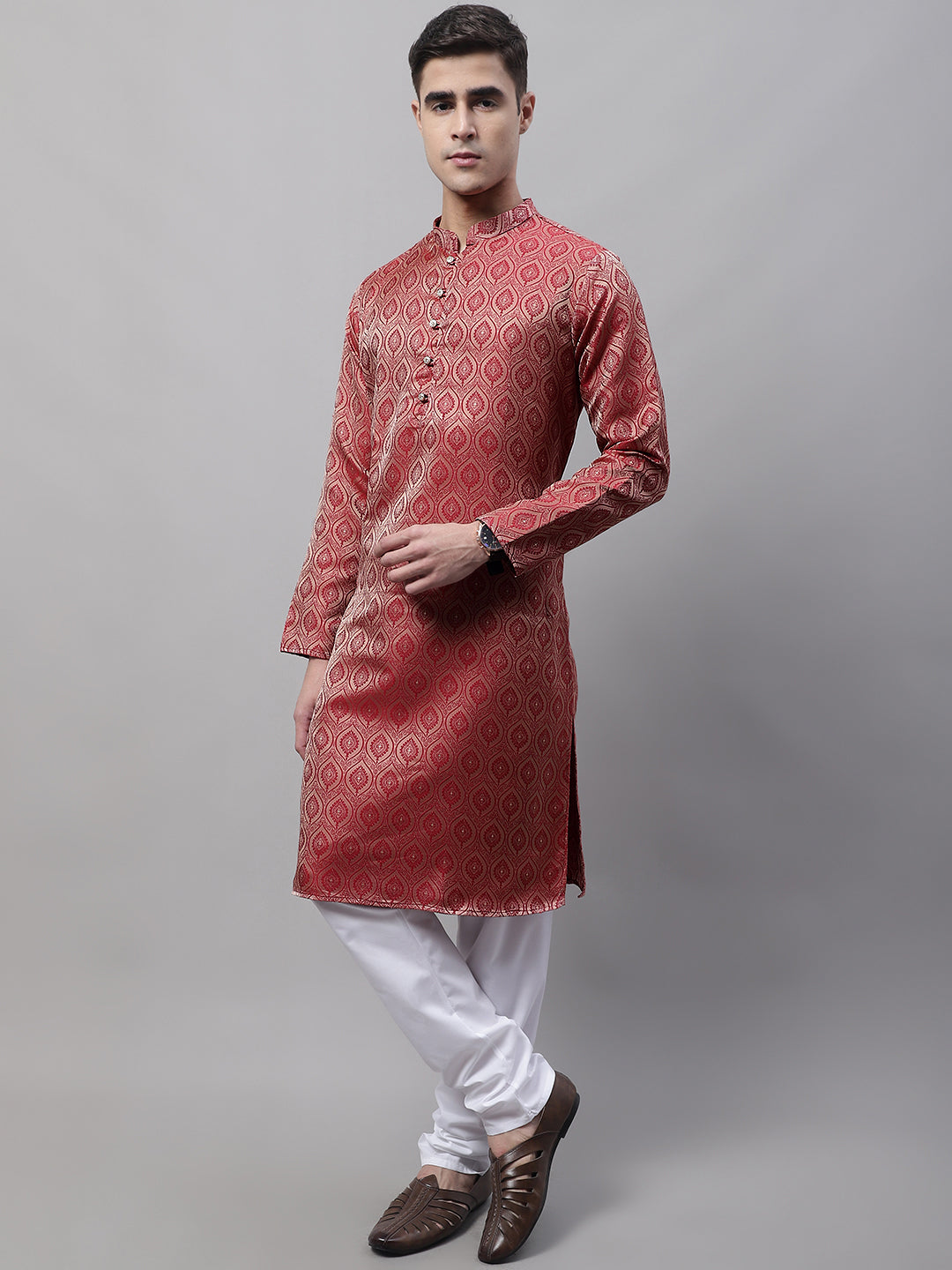 Jompers Men's Ethnic Maroon Woven Design Kurta with Pyjamas