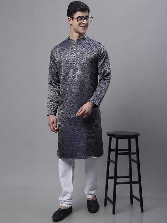Jompers Men's Ethnic Navy Blue Woven Design Kurta with Pyjamas