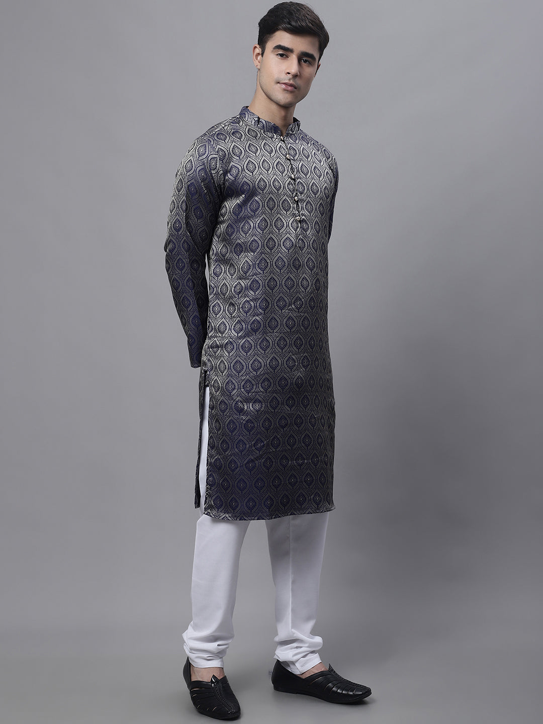 Jompers Men's Ethnic Navy Blue Woven Design Kurta with Pyjamas