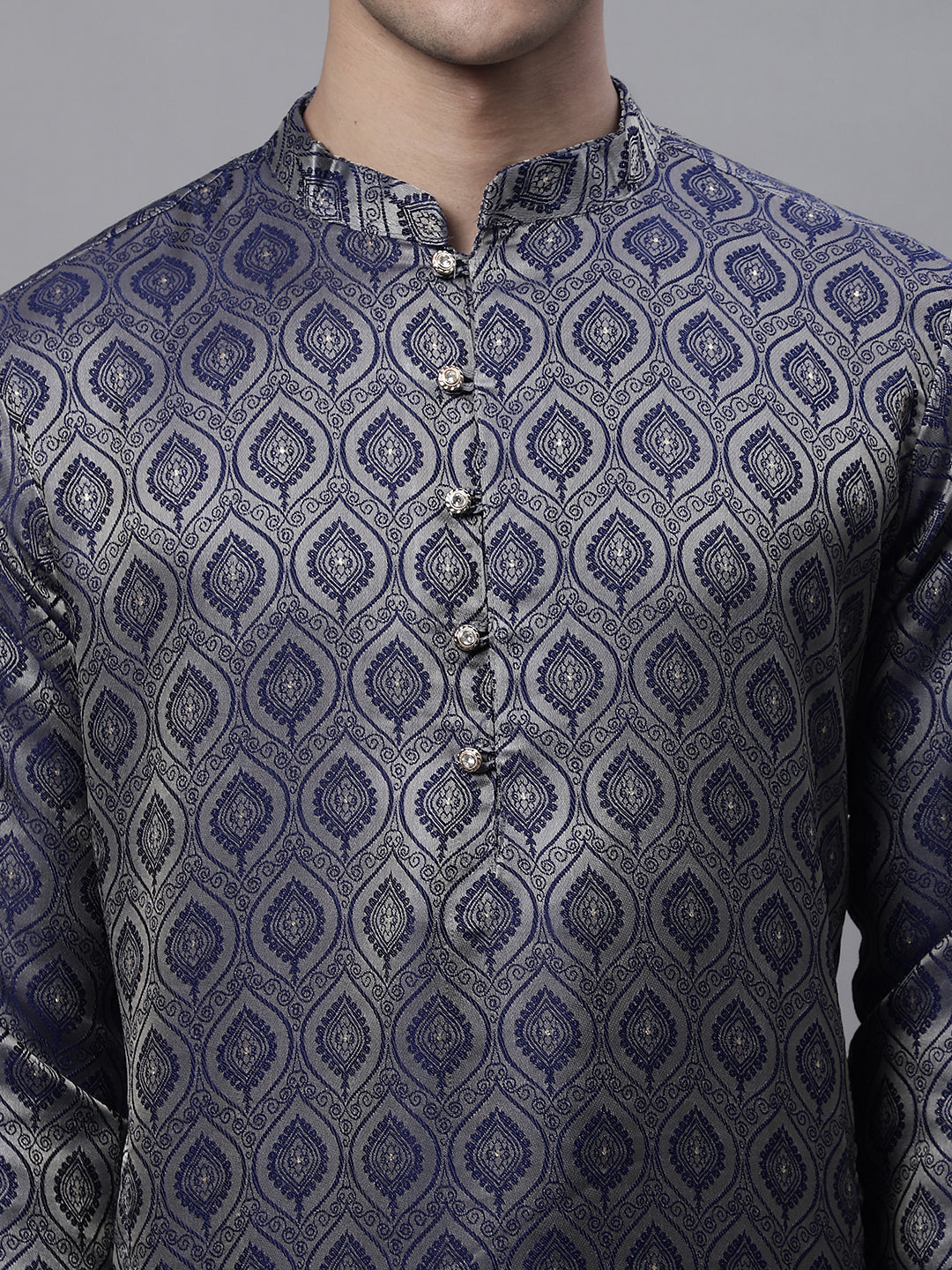 Jompers Men's Ethnic Navy Blue Woven Design Kurta with Pyjamas
