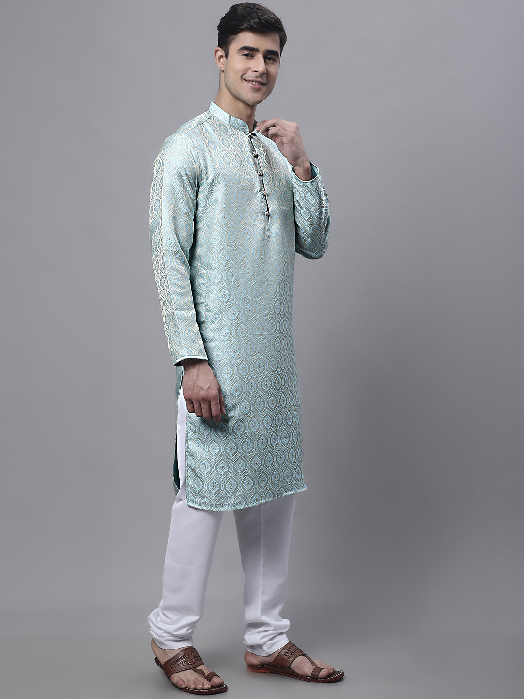 Jompers Men's Ethnic Sky Blue Woven Design Kurta with Pyjamas