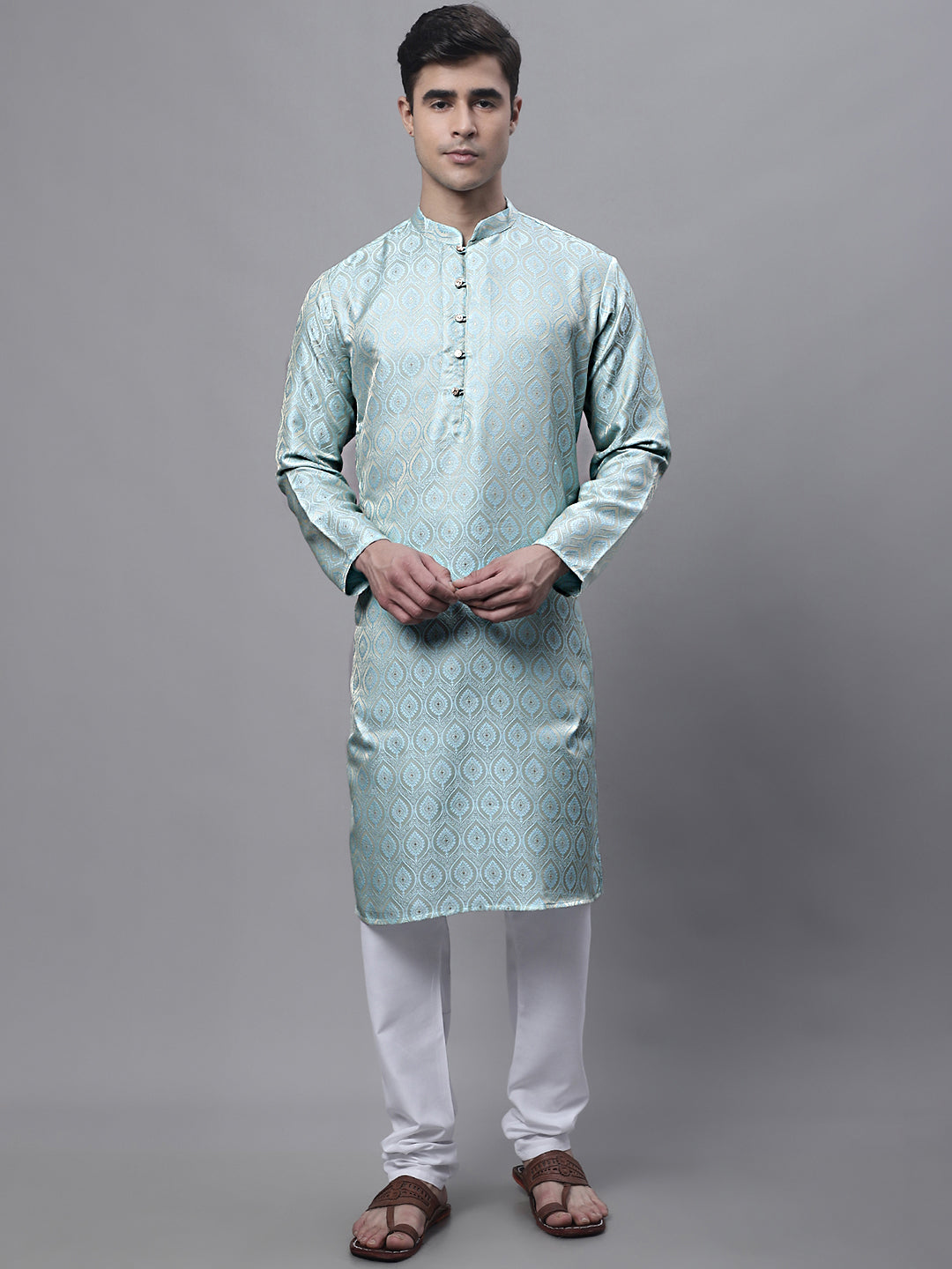 Jompers Men's Ethnic Sky Blue Woven Design Kurta with Pyjamas