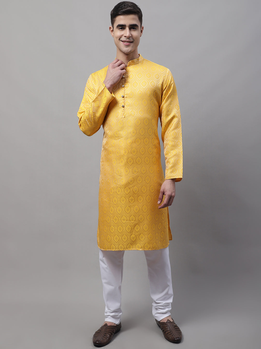 Jompers Men's Ethnic Yellow Woven Design Kurta with Pyjamas