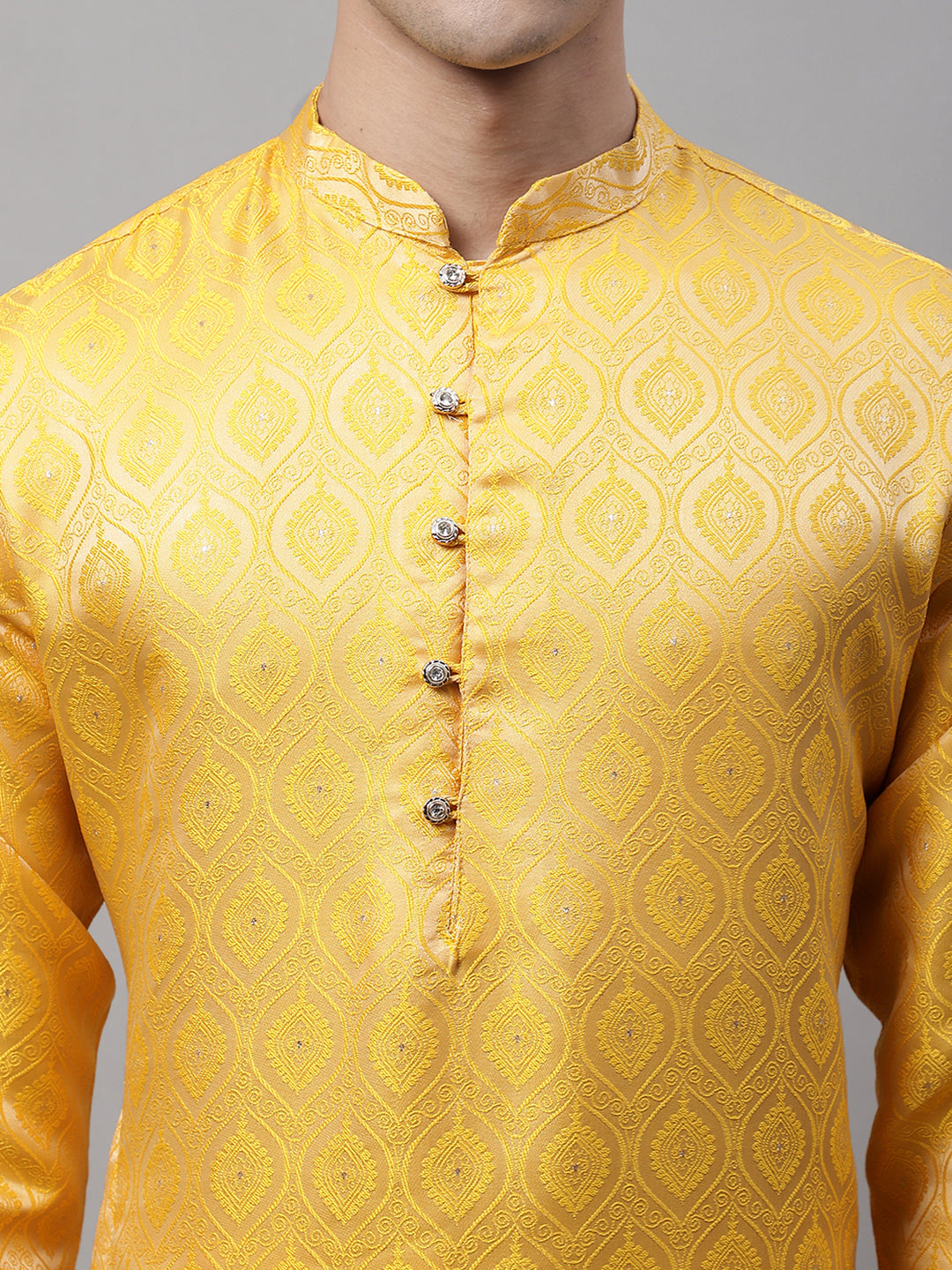 Jompers Men's Ethnic Yellow Woven Design Kurta with Pyjamas