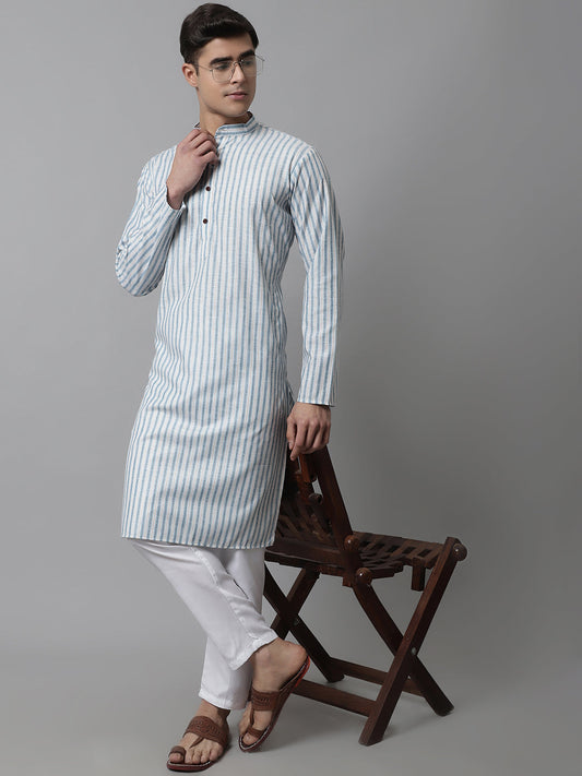 Jompers Men's Sky Blue and White Striped Kurta with Pyjama