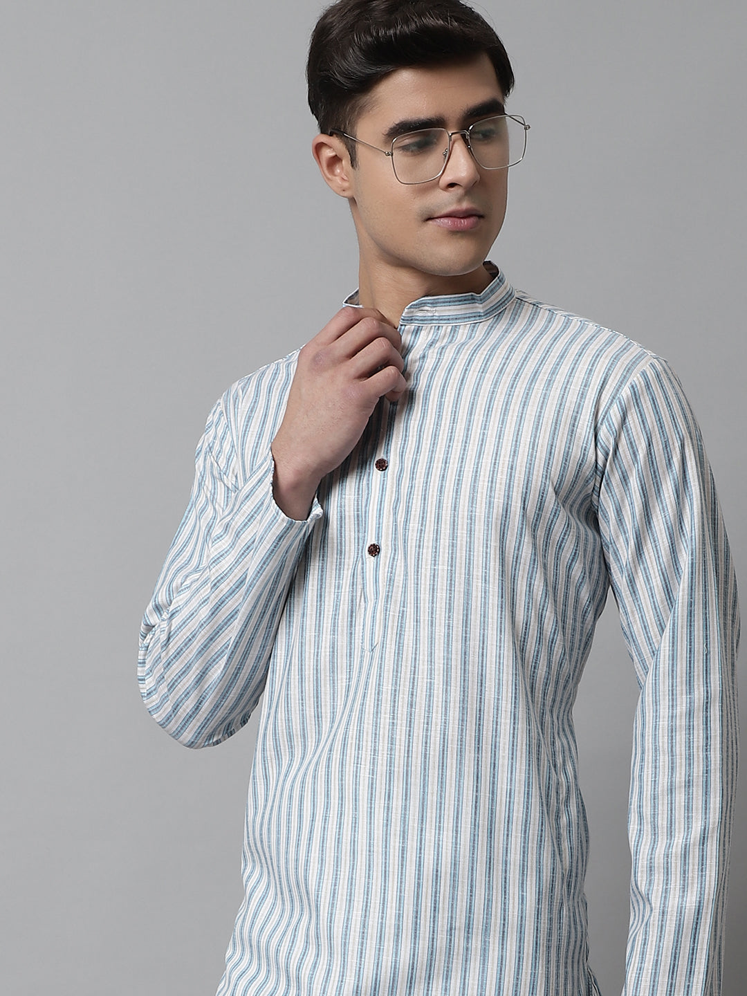 Jompers Men's Sky Blue and White Striped Kurta with Pyjama