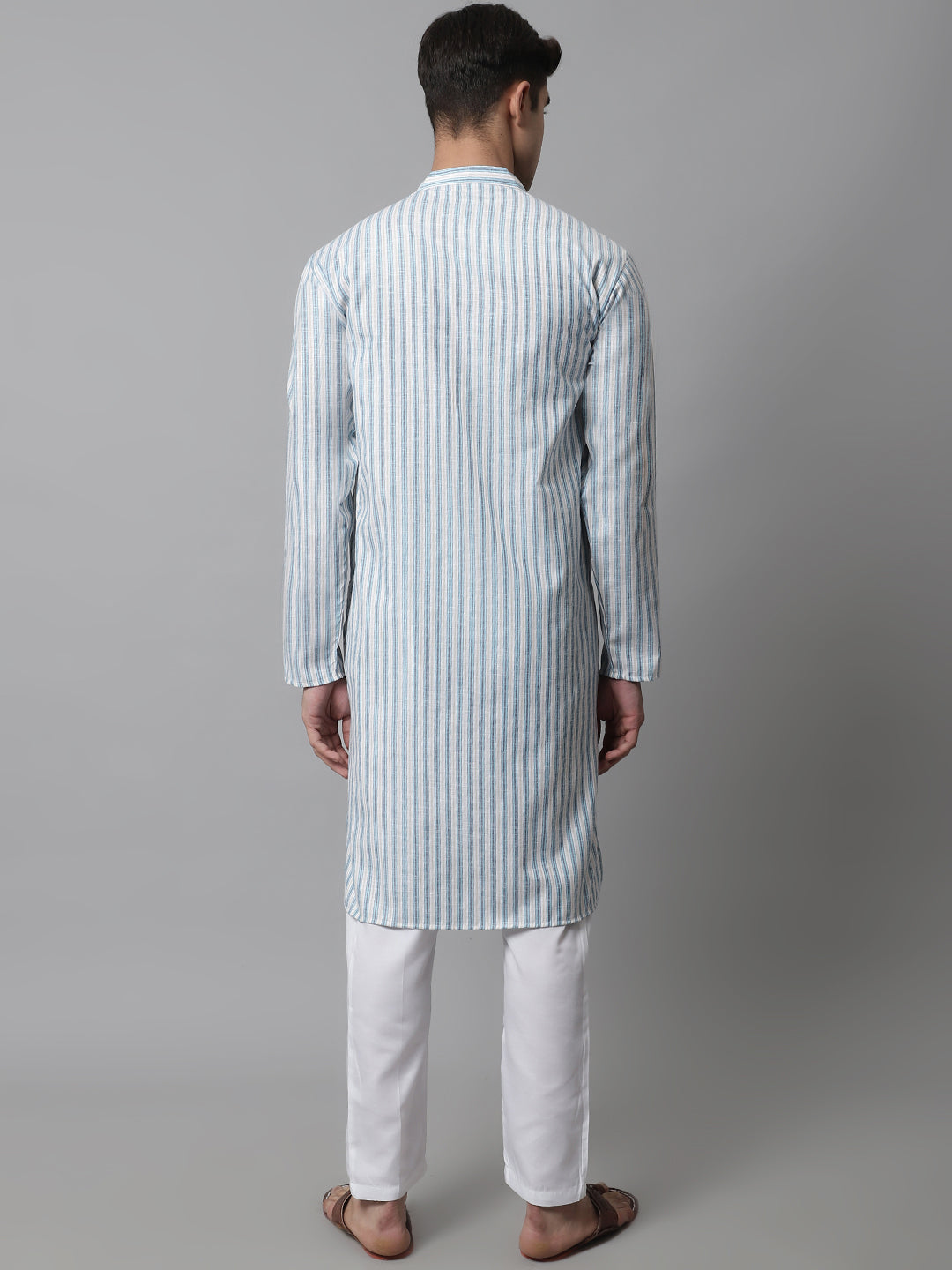 Jompers Men's Sky Blue and White Striped Kurta with Pyjama