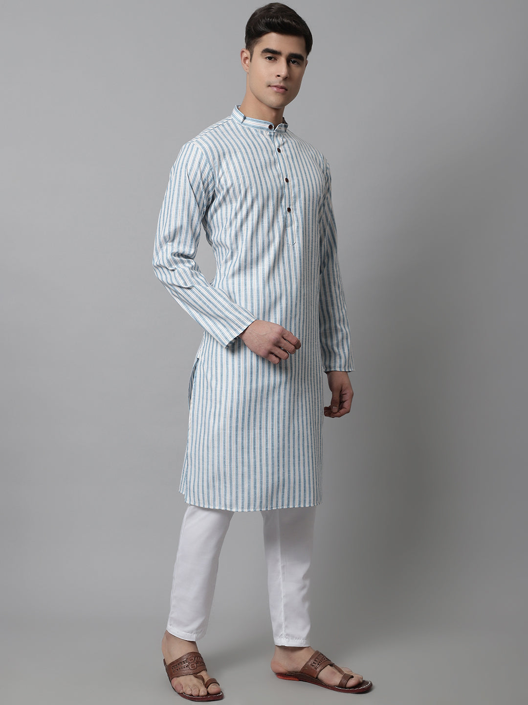 Jompers Men's Sky Blue and White Striped Kurta with Pyjama
