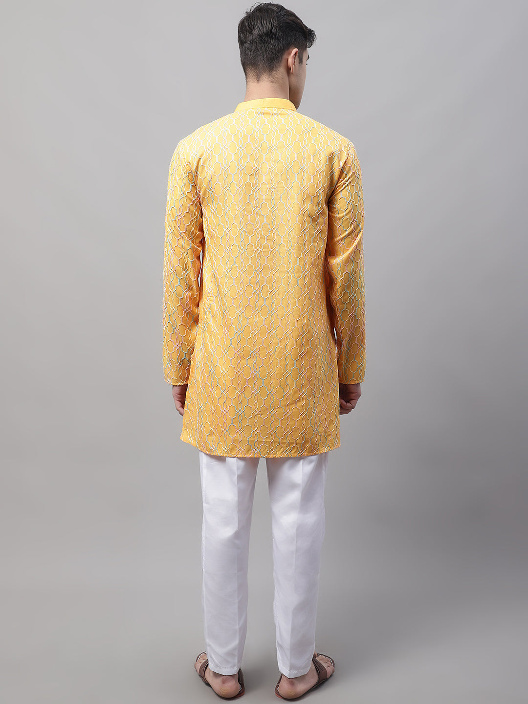 Jompers Men's Mustard and Multi Coloured Embroidered Straight Kurta Pyjama Set